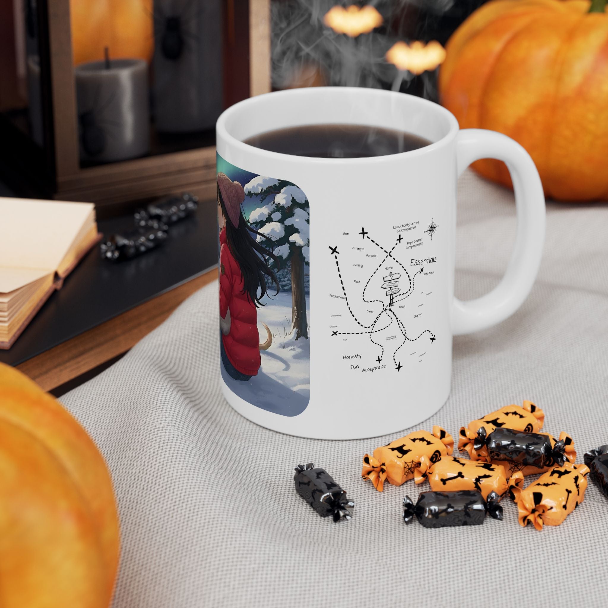 Cozy Winter Night Sky & Reindeer Charm Anime White Ceramic Mug — Greyhound & Siberian Cat under Northern Lights Cup (11oz, 15oz)