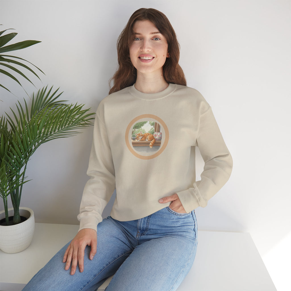 Cozy Window Cat Crewneck Sweatshirt — Relaxing Cat Napping Sweater