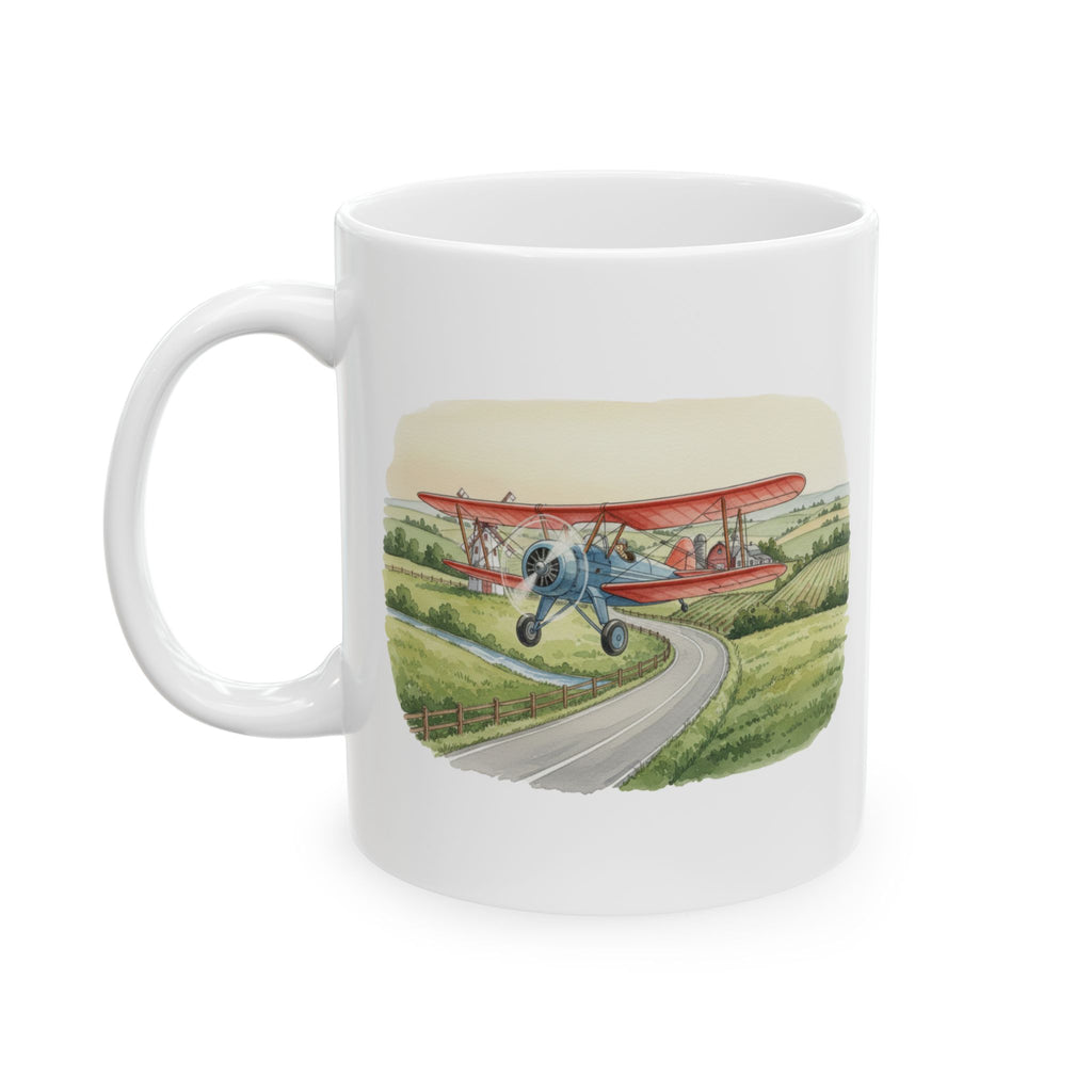 Countryside Airplane White Ceramic Mug — Vintage Biplane Landscape Tea Cup (11oz & 15oz)