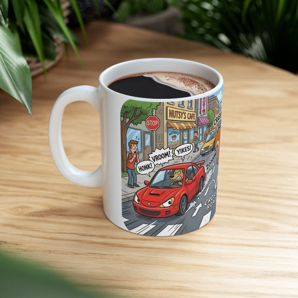 Nutsy's Crossy Road White Ceramic Mug – Adventurous Squirrel Crossing Cup (11oz/15oz)