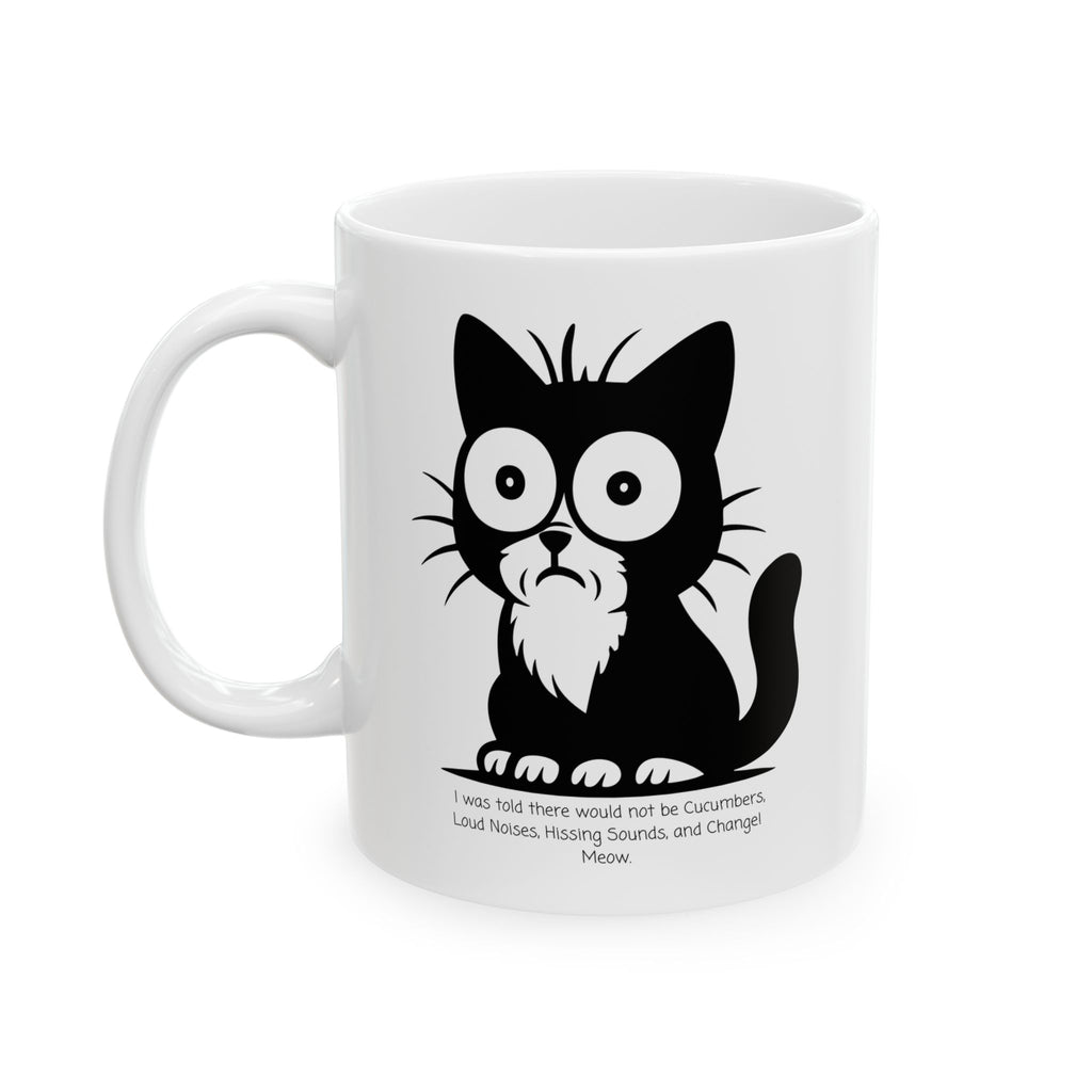 Cat Contemplating Catastrophe White Ceramic Mug - Cute Anxious Black Kitten Tea Cup (11oz & 15oz)