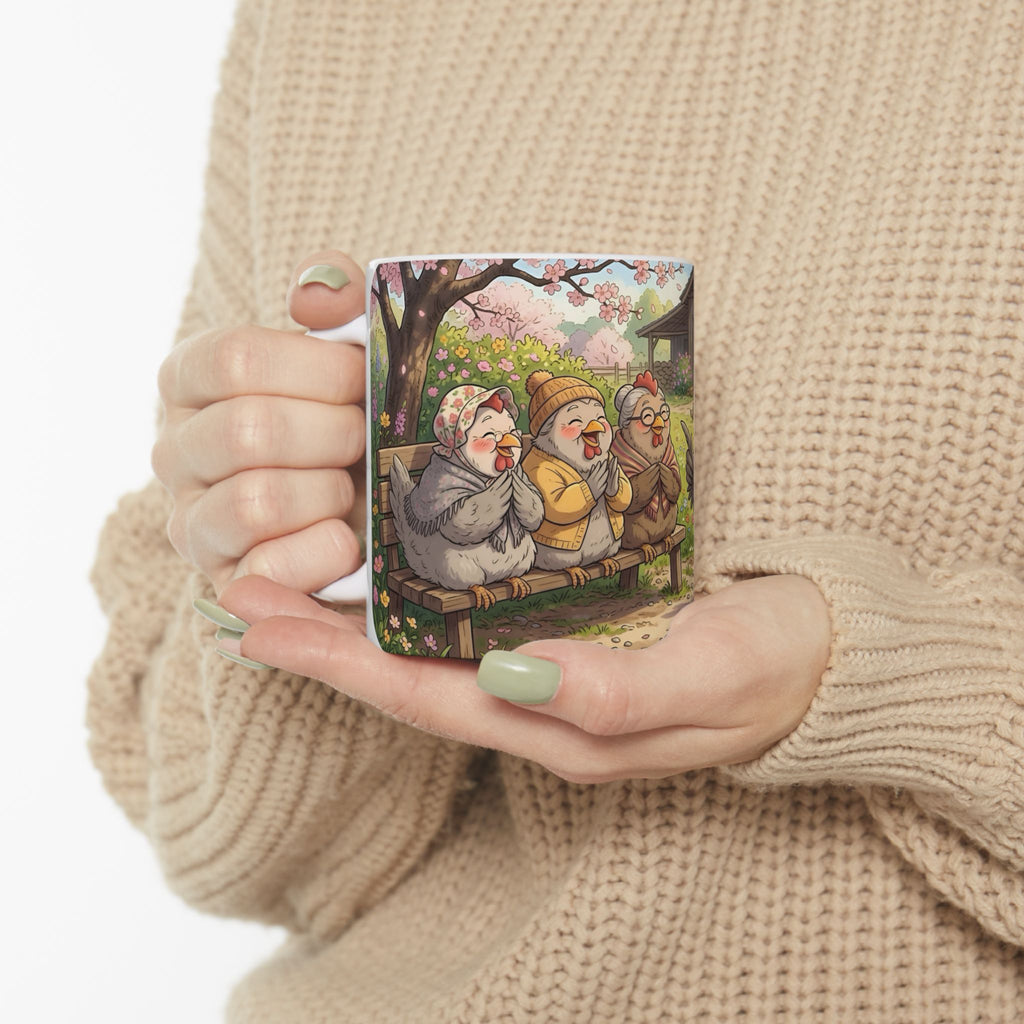 Spring Rooster & Chickens White Ceramic Mug — Cute & Cozy Country Farm Tea Cup (11oz/15oz)