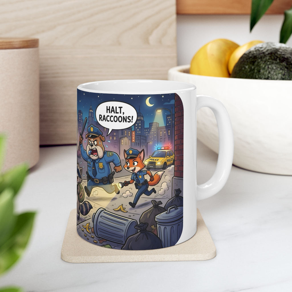 Rambunctious Ringtails White Ceramic Mug — Funny Raccoon Heist Night Scene Cup (11oz, 15oz)