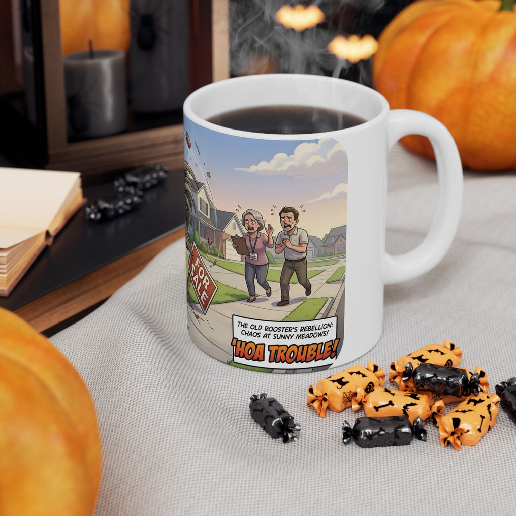 Rooster Rebellion White Ceramic Mug – Funny Morning HOA Trouble Cup (11oz/15oz)