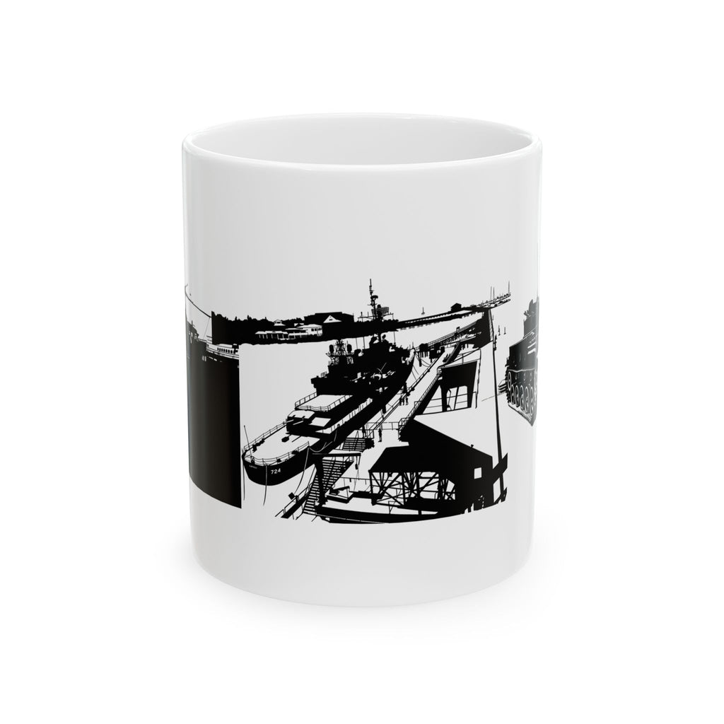 Harbor Panorama White Ceramic Mug — Black & White Maritime Port Cup (11oz, 15oz)