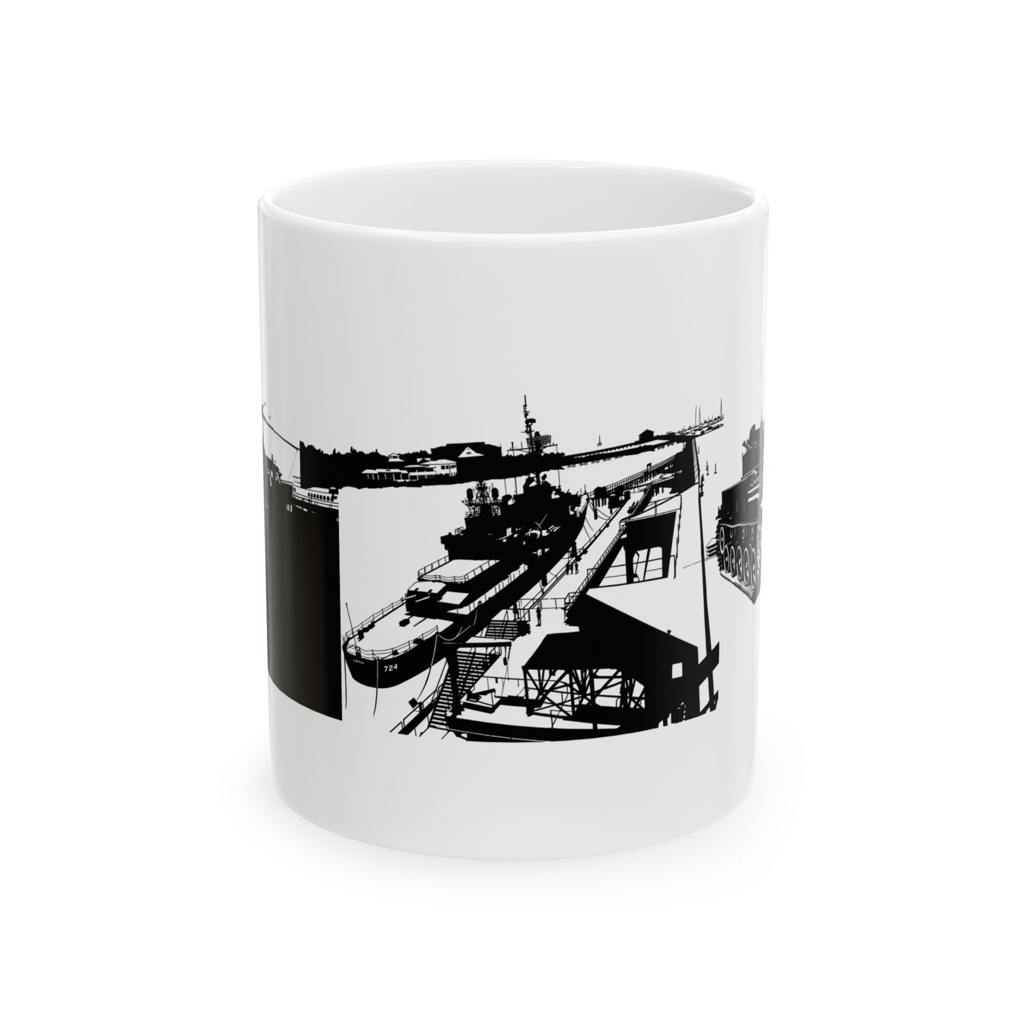 Harbor Panorama White Ceramic Mug — Black & White Maritime Port Cup (11oz, 15oz)