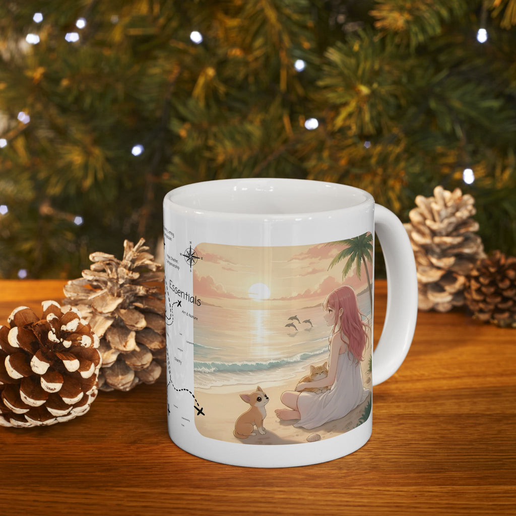 Doberman, Chihuahua & Orange Cat Coastal Vibe White Ceramic Mug, Cozy Sunset Beach Anime Girl Cup (11oz, 15oz)