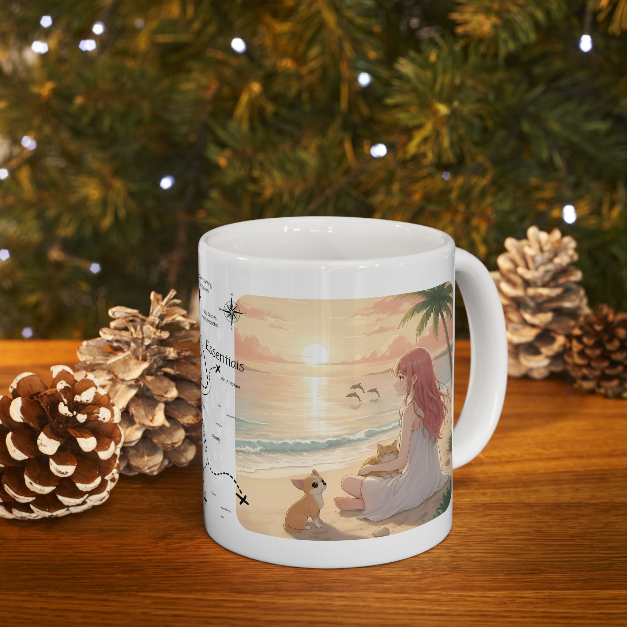 Doberman, Chihuahua & Orange Cat Coastal Vibe White Ceramic Mug, Cozy Sunset Beach Anime Girl Cup (11oz, 15oz)