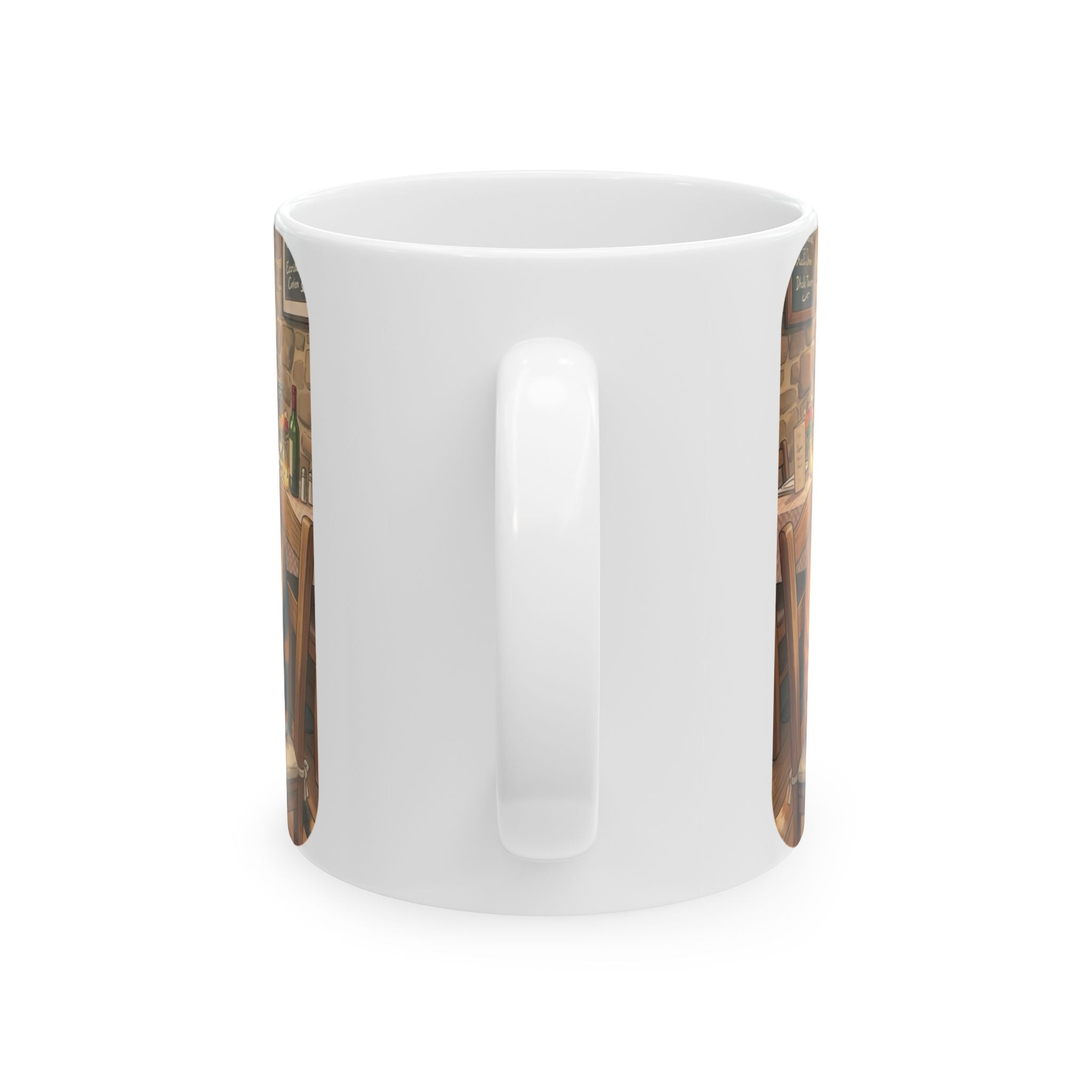 Cat Ghibli Whisker Bistro White Ceramic Mug — Cozy Feline Tapas Cafe Cup (11oz/15oz)