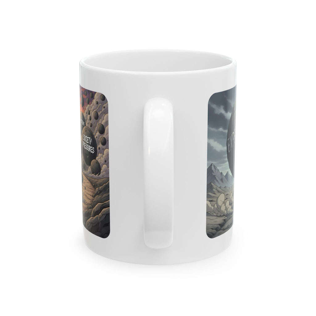 Unbreakable Men Overcoming Life's Burdens White Ceramic Mug, (11oz, 15oz), Common Threads Resilience Strength Cup