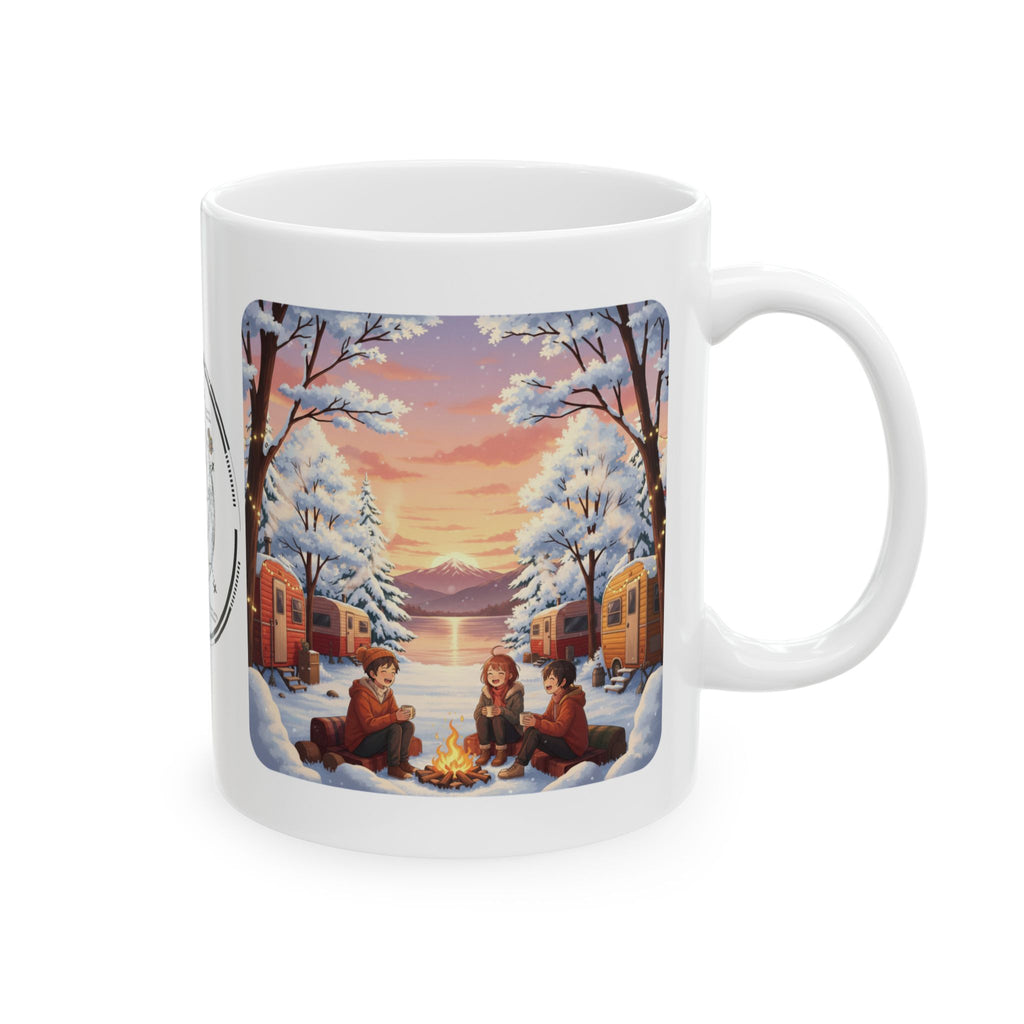 Autumn Leaves & Winter Snow Sunset White Ceramic Mug — Cozy Camping Fall & Winter Cottagecore Cup (11oz & 15oz)