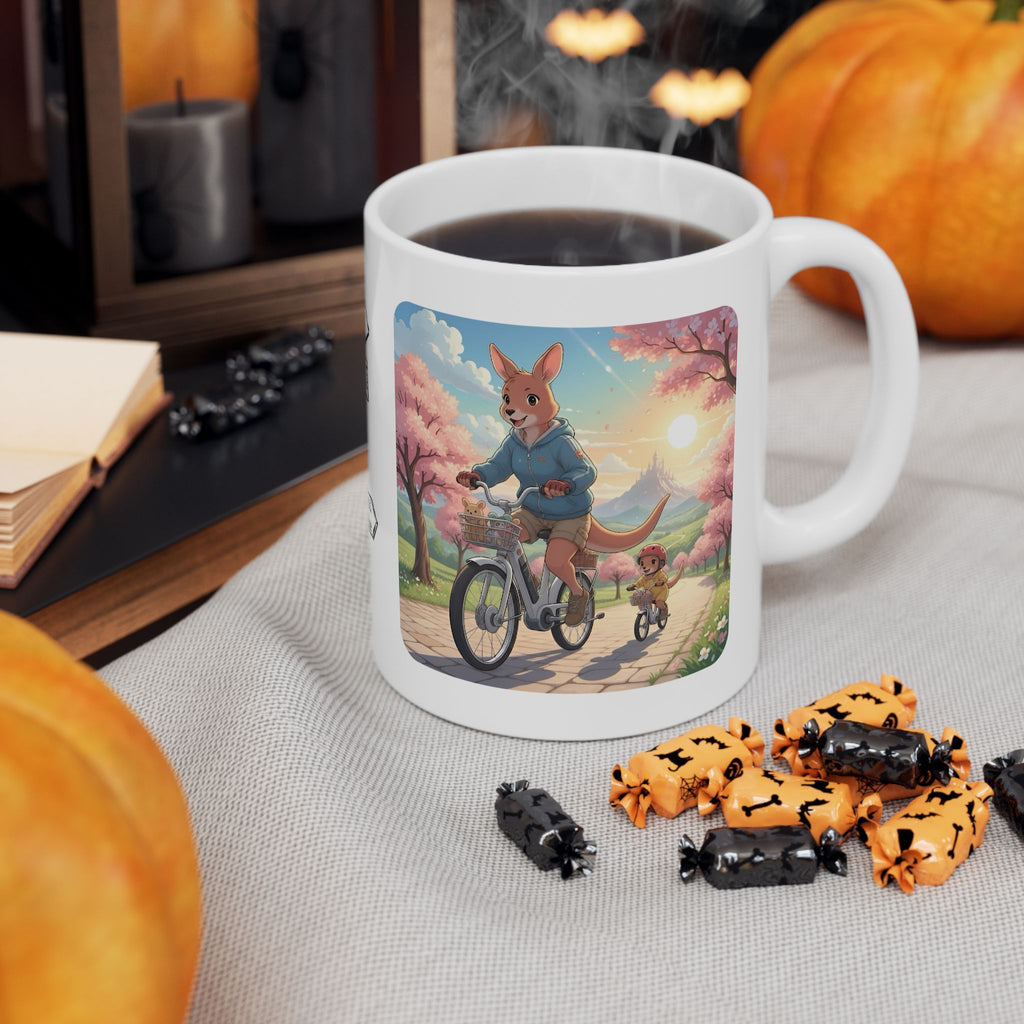 Too Cute to Handle!  Kangaroo Mom & Joey Biking Under Cherry Blossoms White Ceramic Mug — Mommy & Me Anime Bike Adventure Cup for Happy Sips, 11oz & 15oz