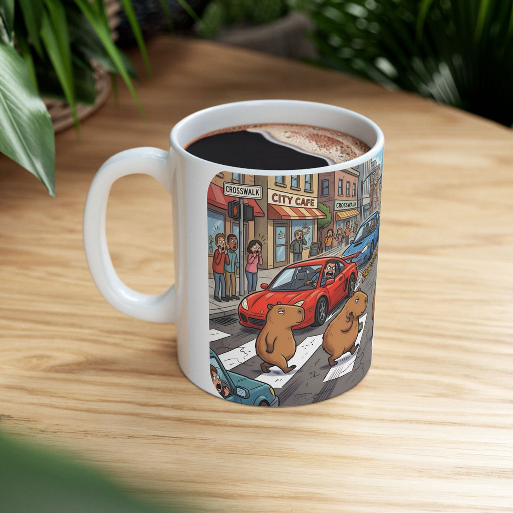 Capybara Abbey Road White Ceramic Mug – Funny Rodent Band Tea Cup (11oz & 15oz)