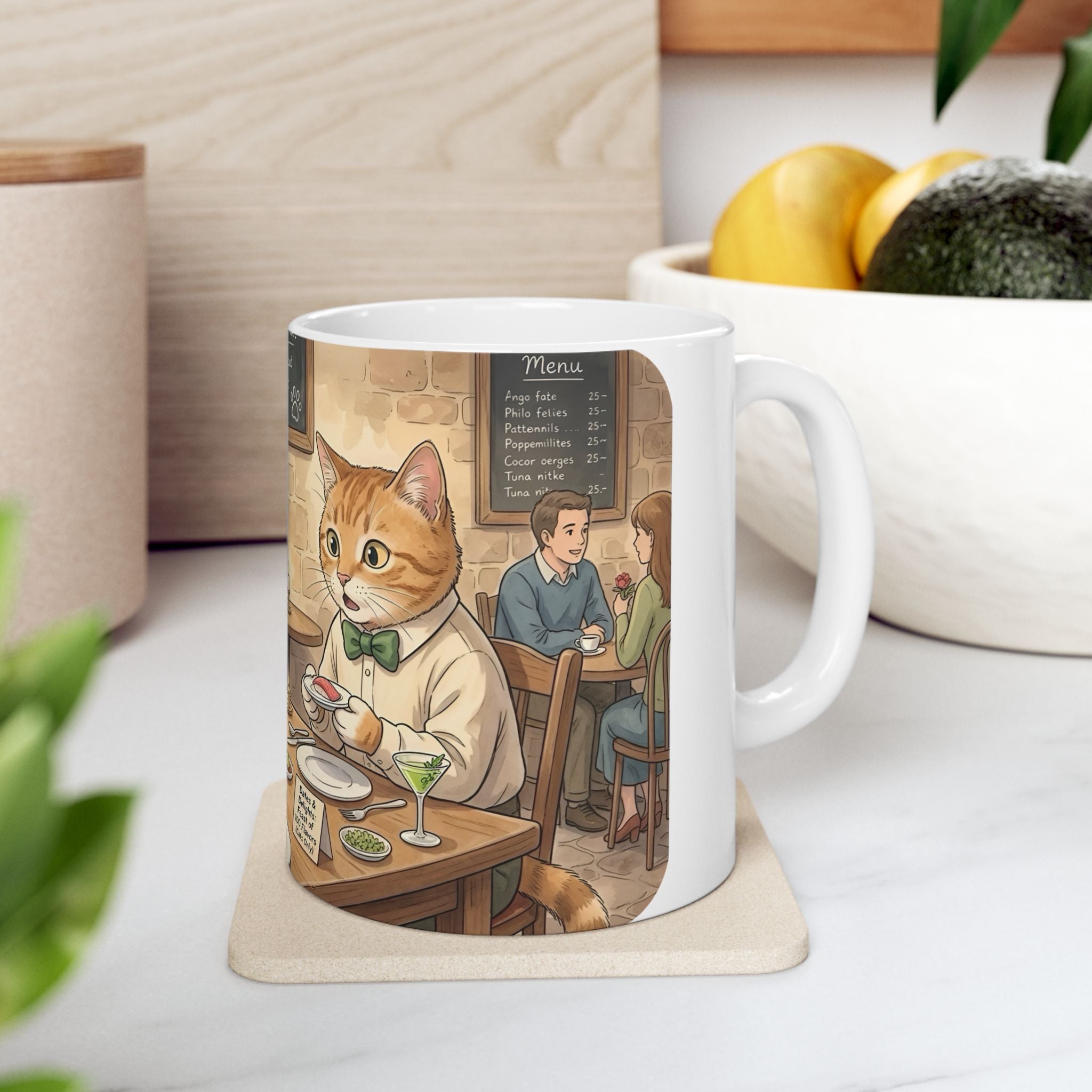 Cat Cafe Breakfast White Ceramic Mug — Cute Cats Dining Tea Cup (11oz/15oz)