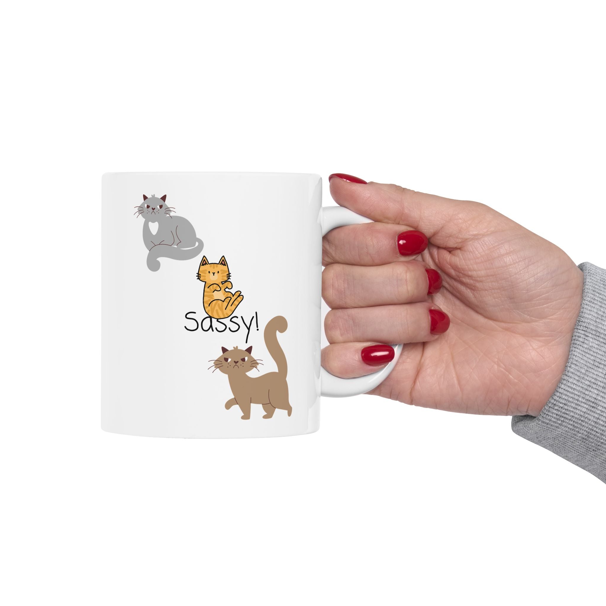 Sassy Cats White Ceramic Mug — Cute Felines Tea Cup (11oz, 15oz)