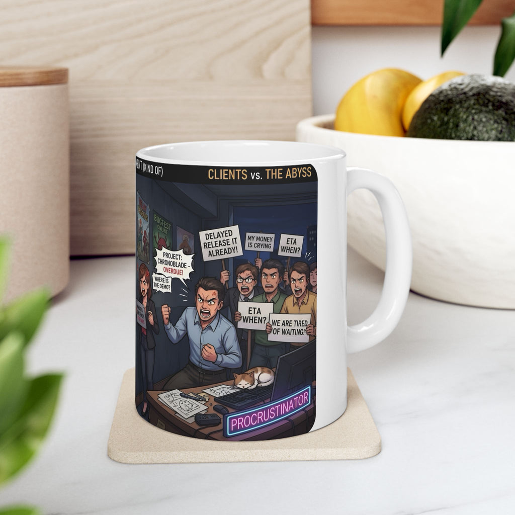 Indie Game Developer Life White Ceramic Mug — Funny Gaming Studio Office Cup, 11oz & 15oz