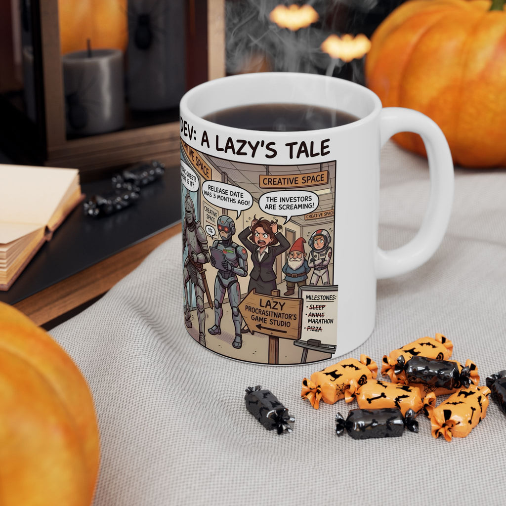 Humorous Game Developer White Ceramic Mug — 'The Life of the Indie Game Dev' Tea Cup (11oz/15oz)