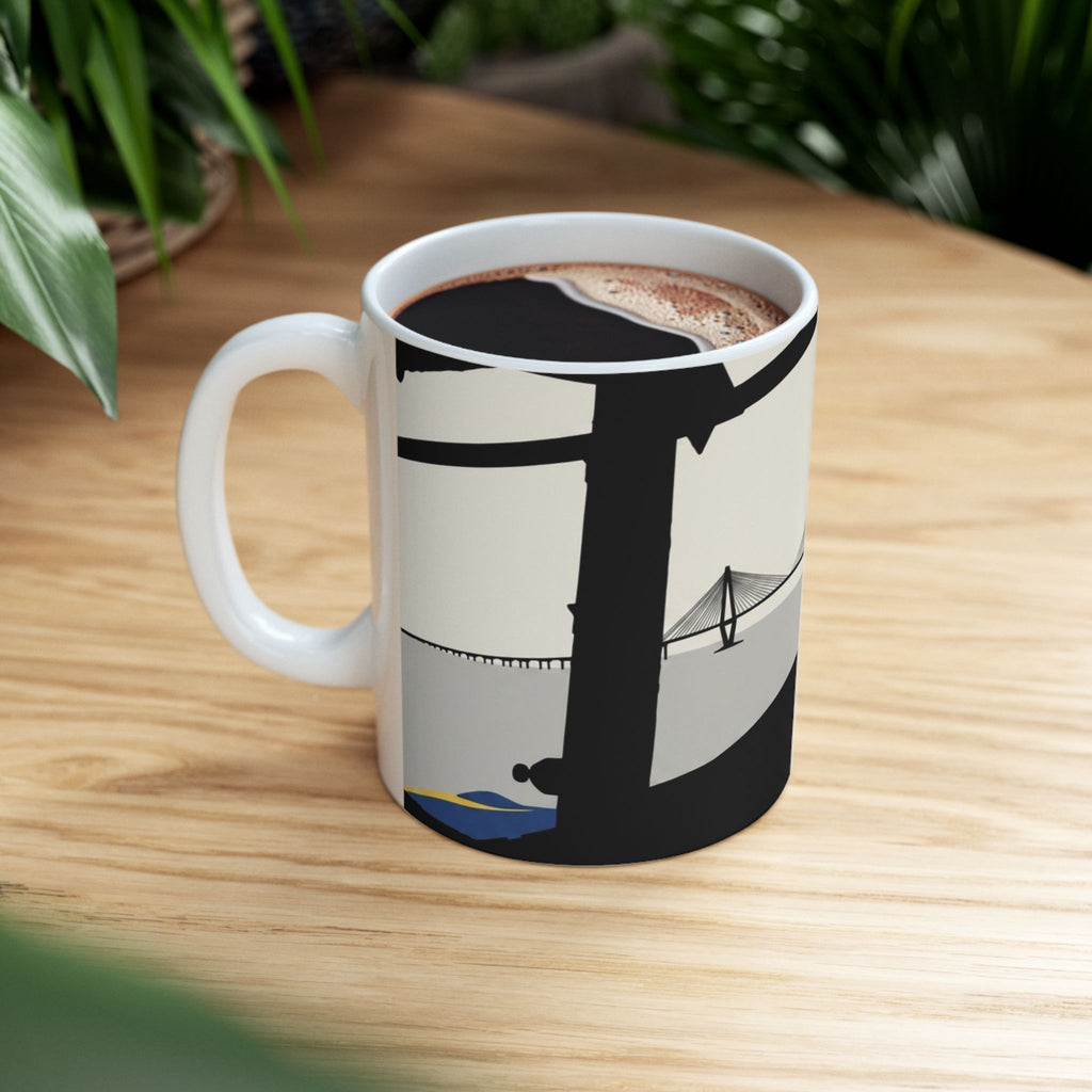 City Bridge Silhouette Scenic White Ceramic Mug – Waterfront Battleship View Cup (11 oz, 15 oz)