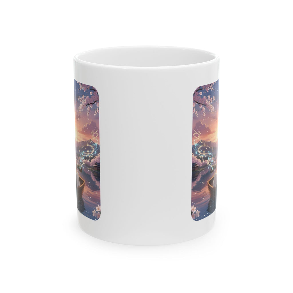 Guitarist & Cat Sunset Lake White Ceramic Mug — Tranquil Nature Music Scene (11oz, 15oz)