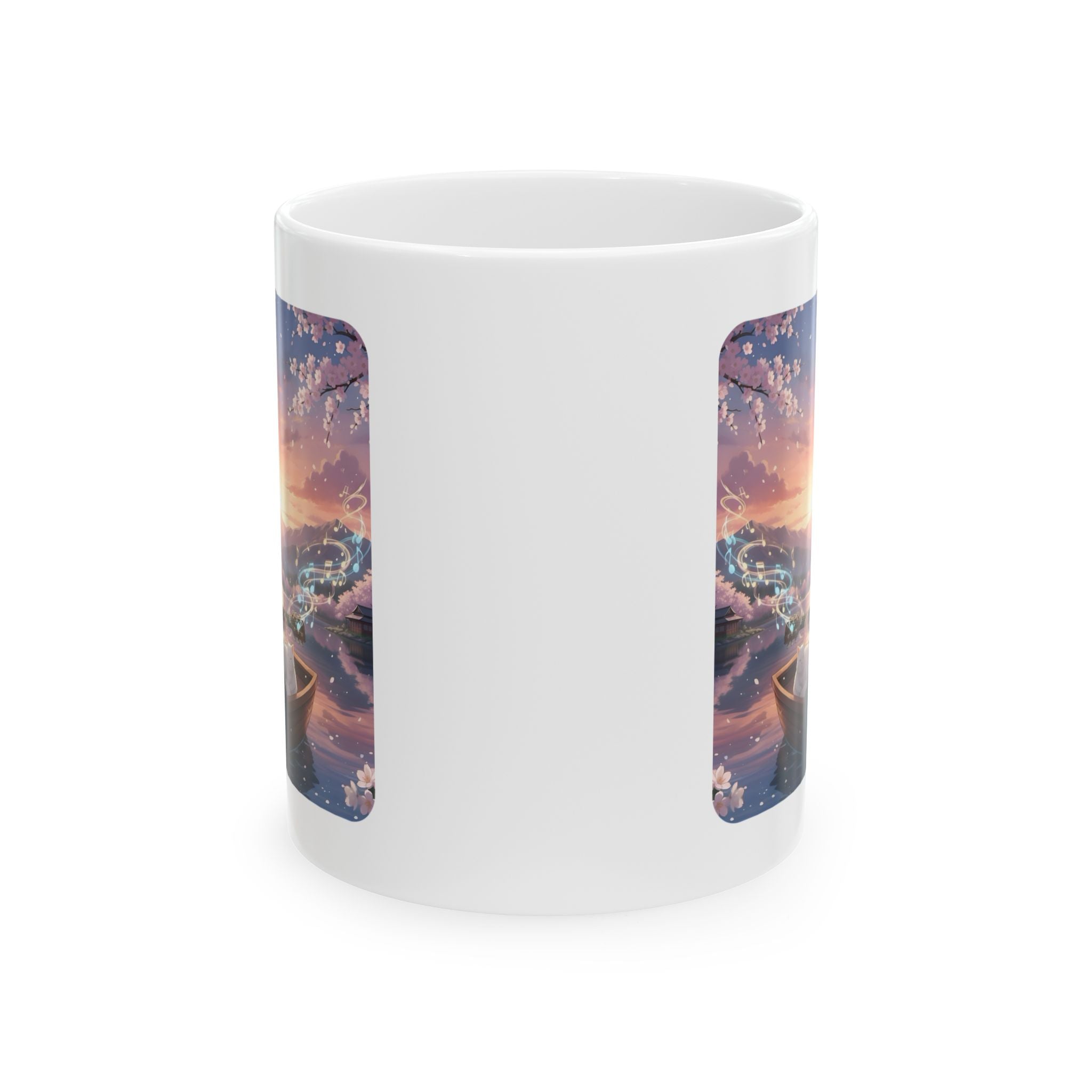 Guitarist & Cat Sunset Lake White Ceramic Mug — Tranquil Nature Music Scene (11oz, 15oz)