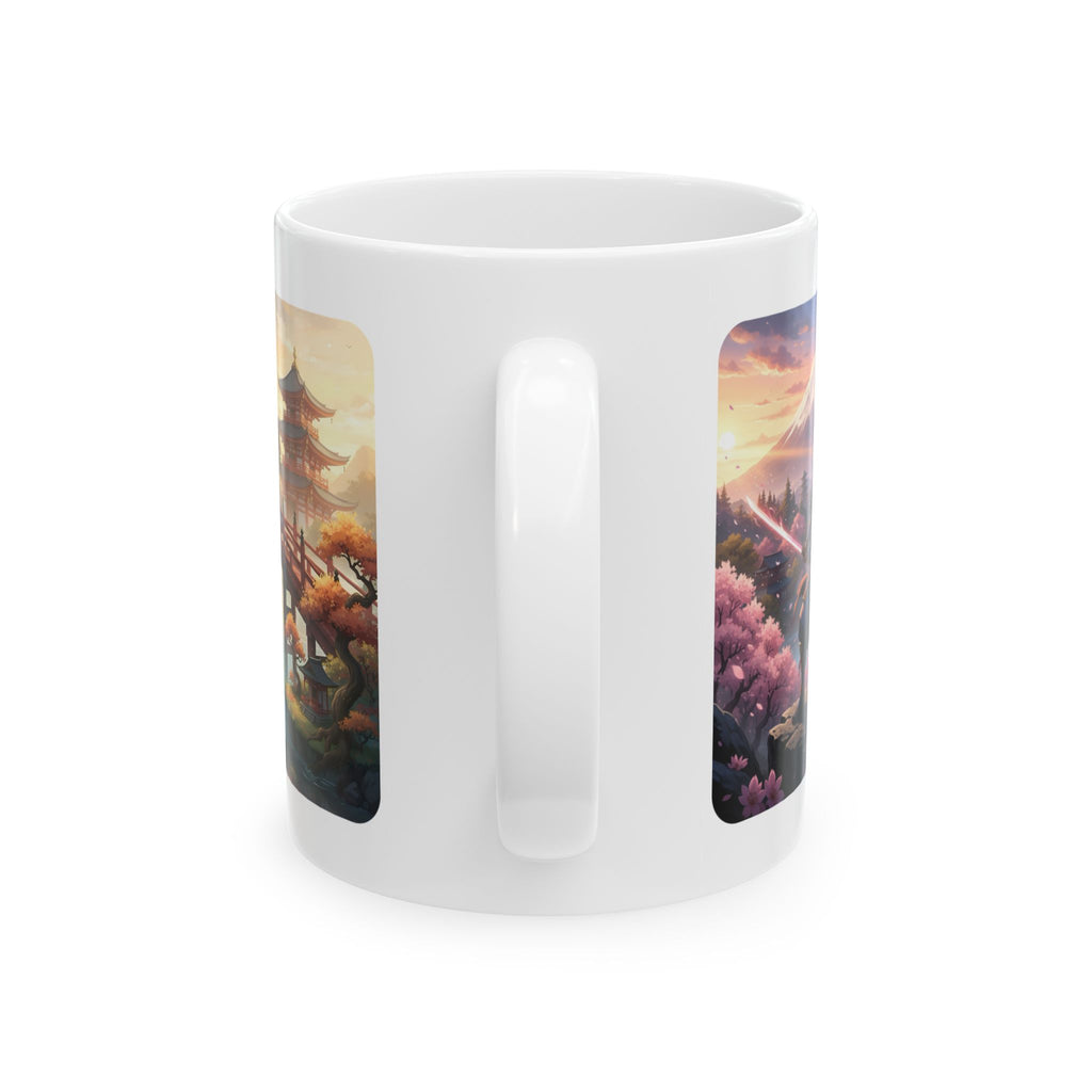 Japanese Samurai Cherry Blossom Love White Ceramic Mug (11oz/15oz),The Serene Path Mount Fuji Sunset Cup