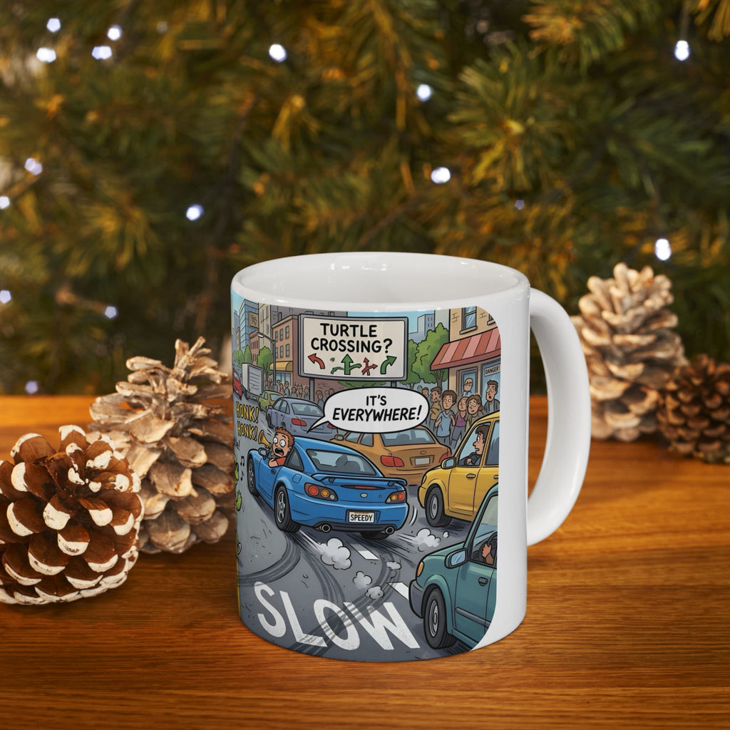 Cute Turtle Crossing White Ceramic Mug, Cruising Vibes Cup (11oz, 15oz)