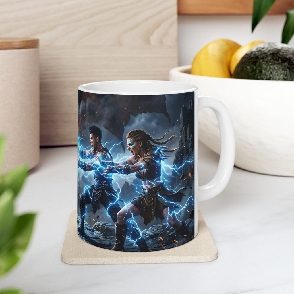 Dragon Battle #1 White Ceramic Mug — Epic Fantasy Gaming Adventure Scene (11oz, 15oz)
