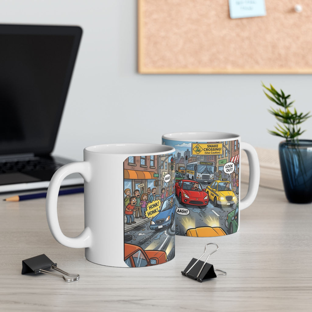 City Traffic & The Urban LandSnake White Ceramic Mug – Comical Reptile Road Chaos Cup (11oz, 15oz)