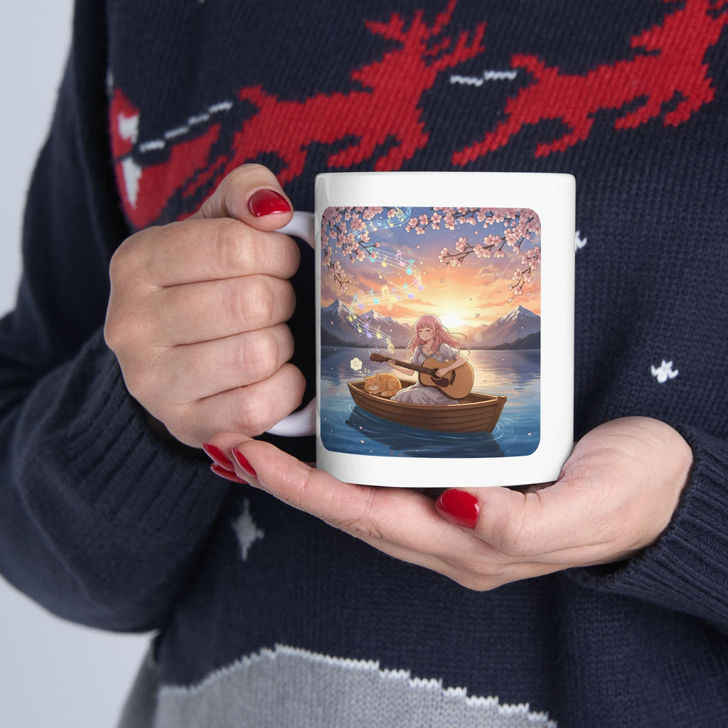Cozy Guitarist And Her Sleeping Ginger Cat White Ceramic Mug — Japanese Cherry Blossom Mountain Anime Cup (11oz/15oz)