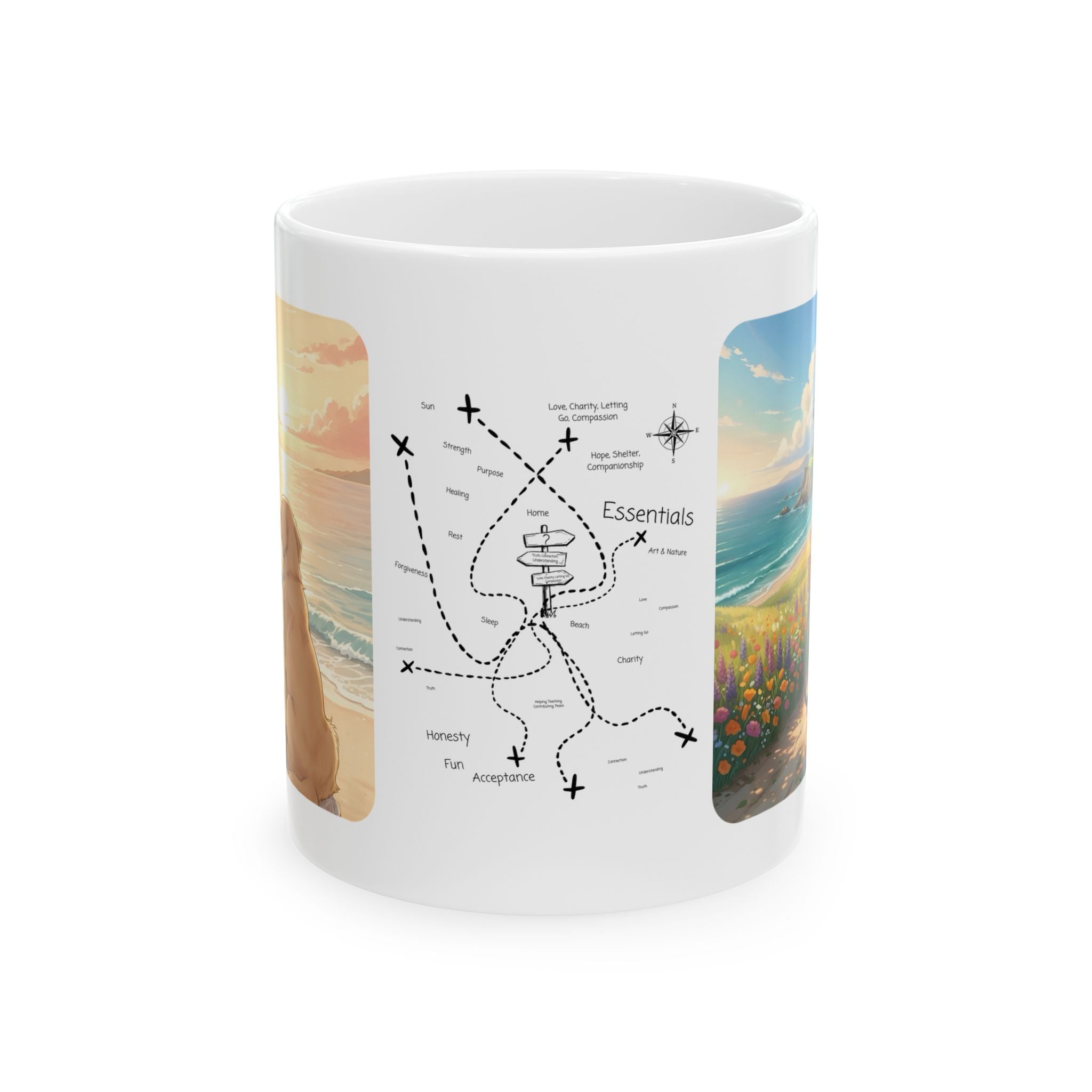 Faithful Friends, Golden Retriever, Orange & White Cats White Ceramic Mug — Calm Lighthouse Reflections Anime Girl Boho Beach Vibes Cup (11oz, 15oz)