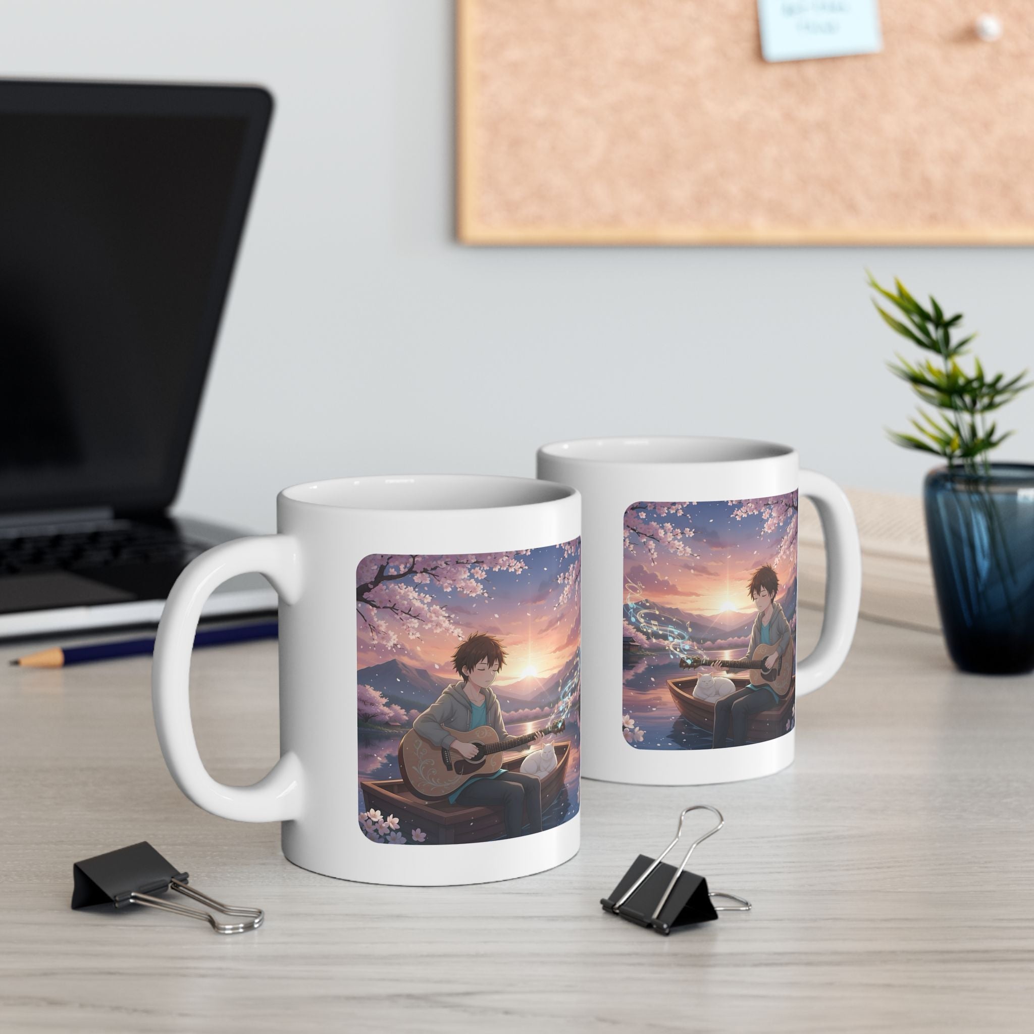 Guitarist & Cat Sunset Lake White Ceramic Mug — Tranquil Nature Music Scene (11oz, 15oz)