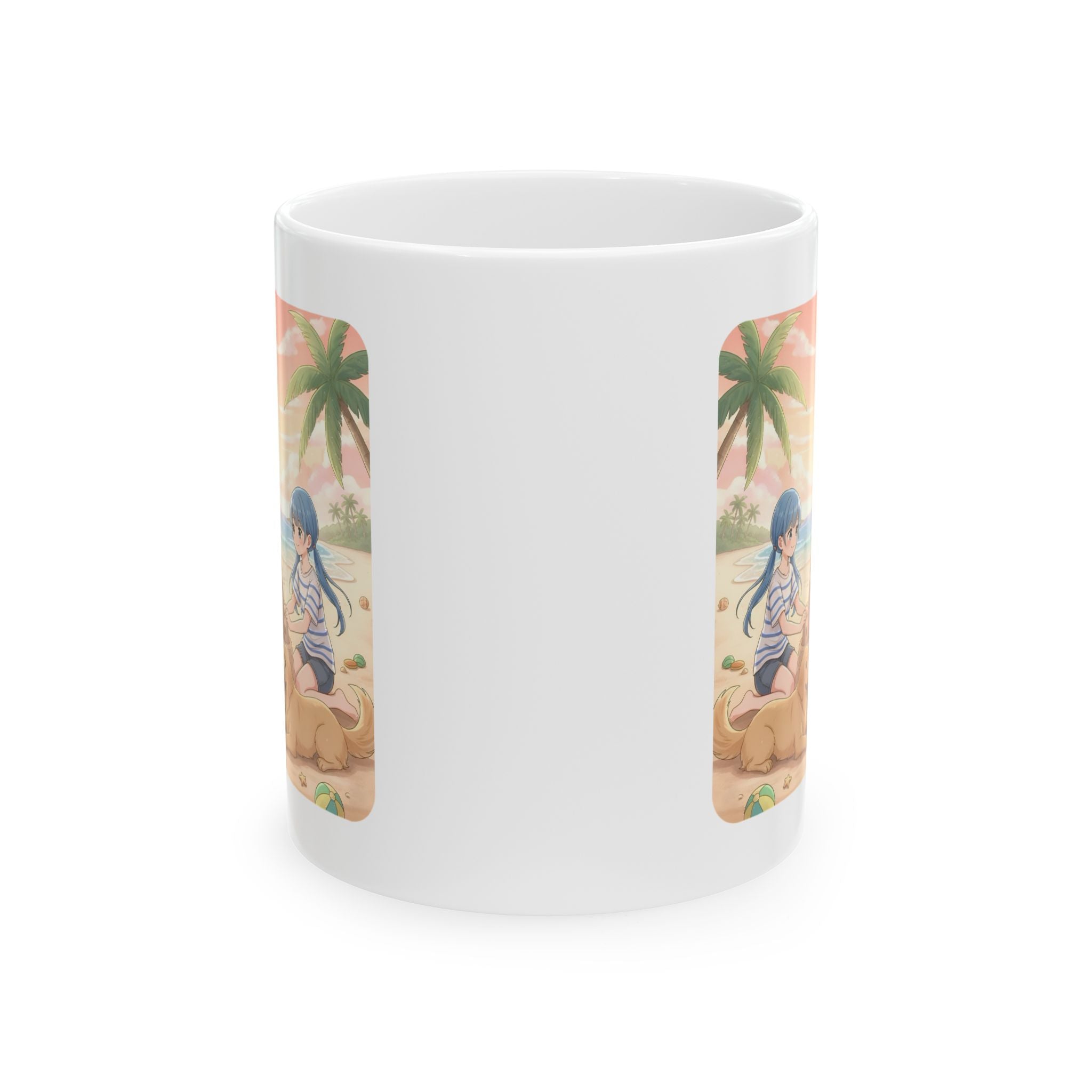 Sisters and BFF Summer Beach Sandcastle White Ceramic Mug — Tropical Manga Ocean Sunset and Golden Retriever Cup (11oz/15oz)