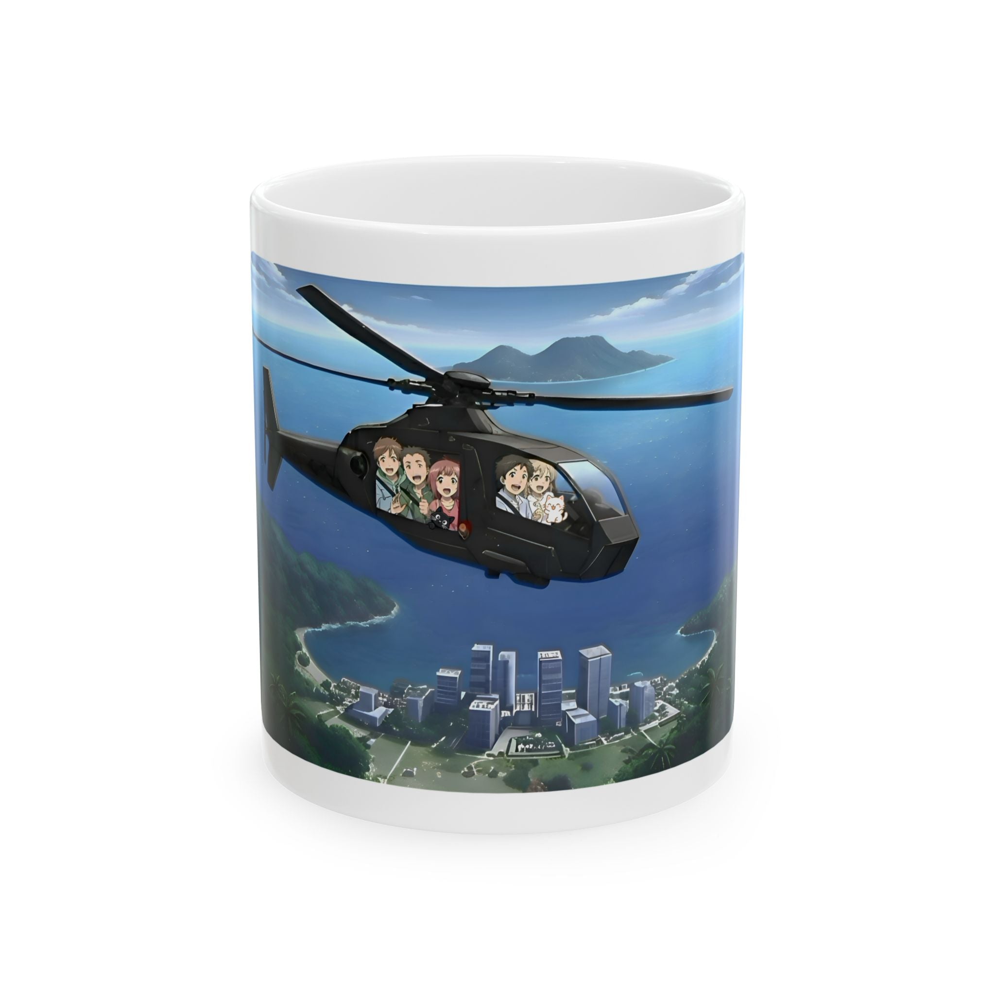 Anime Helicopter Adventure #7 Kawaii Kittens Over Tropical Beachy Metro White Ceramic Mug – Celebrating Companionship, Creativity & Life’s Little Wonders Cup (11oz/15oz)