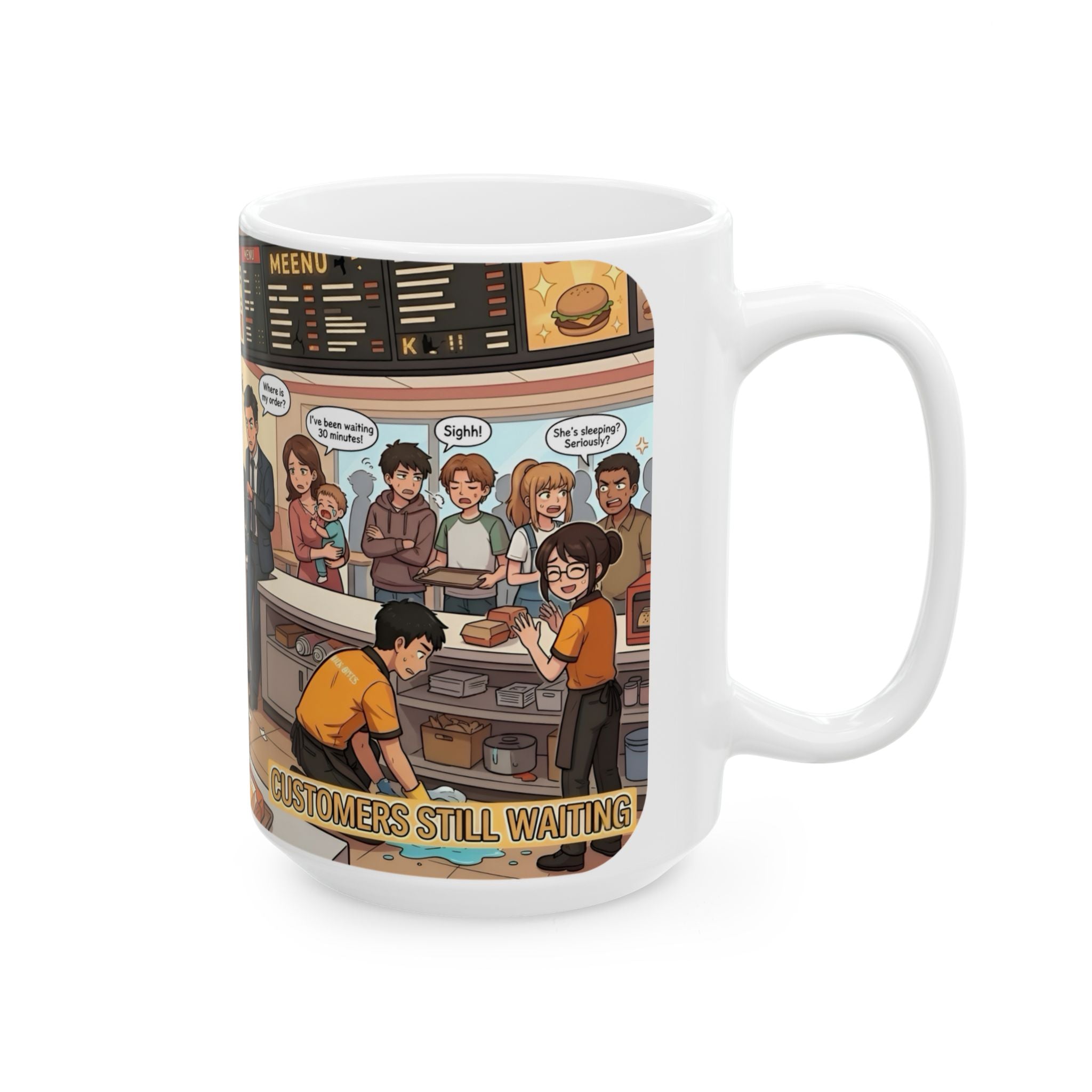 Funny Fast-Food Shift White Ceramic Mug – “Worst Nightmares” Comic Cafe Cup (11oz/15oz)