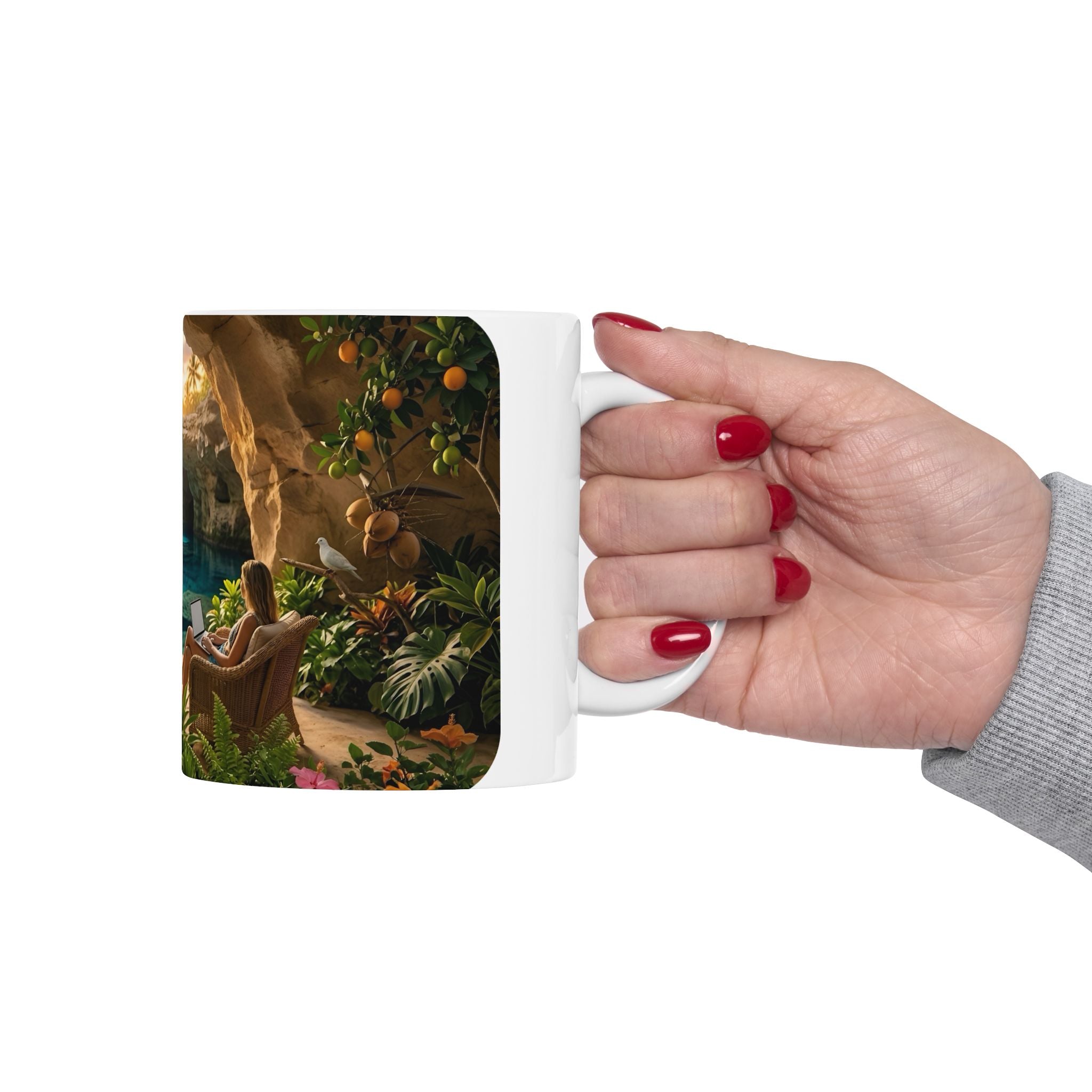 Tropical Cave Paradise White Ceramic Mug,  Relaxing Escape Cup (11 oz, 15 oz)