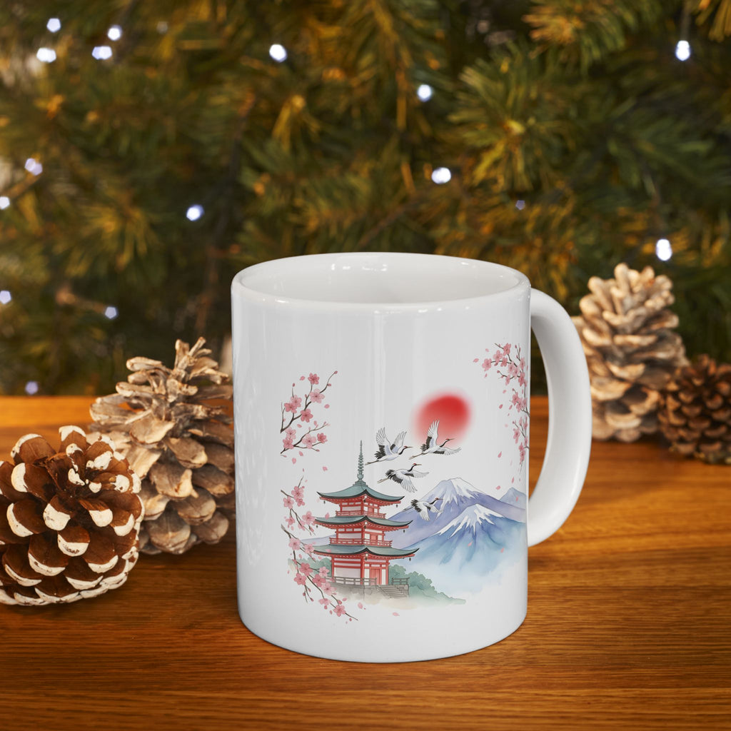 Cherry Blossom Mountain White Ceramic Mug - Japanese Sakura Scenic Tea Cup (11oz, 15oz)