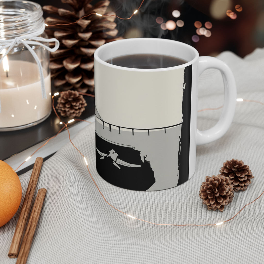 City Bridge Silhouette Scenic White Ceramic Mug – Waterfront Battleship View Cup (11 oz, 15 oz)