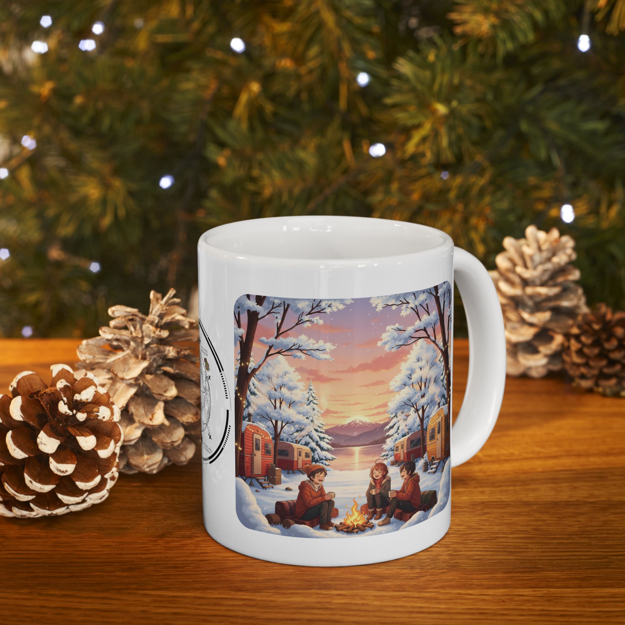 Autumn Leaves & Winter Snow Sunset White Ceramic Mug — Cozy Camping Fall & Winter Cottagecore Cup (11oz & 15oz)