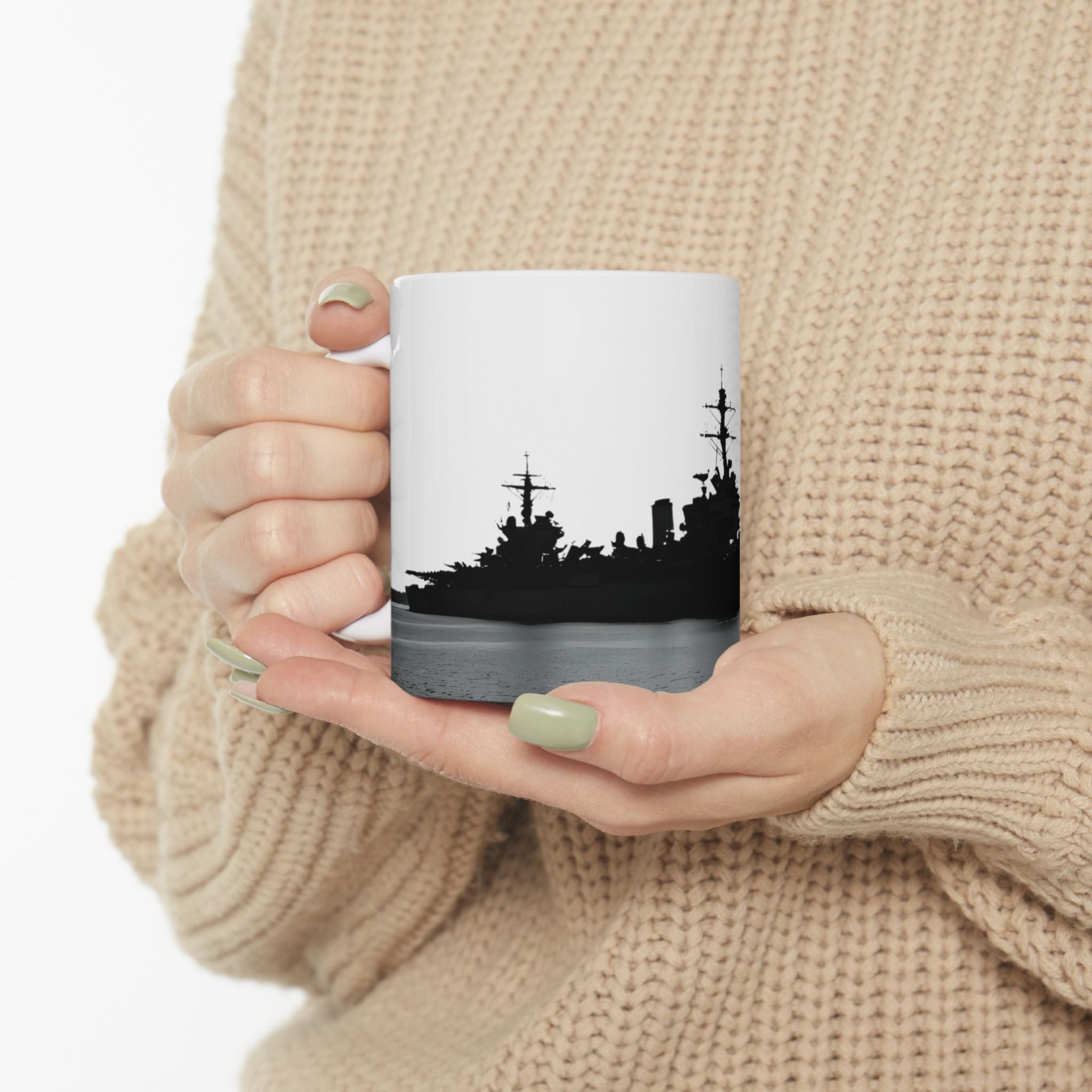 Resolute Silhouette Of A Mighty Warship Mug (11oz & 15oz), Navy Memorabilia White Ceramic Cup