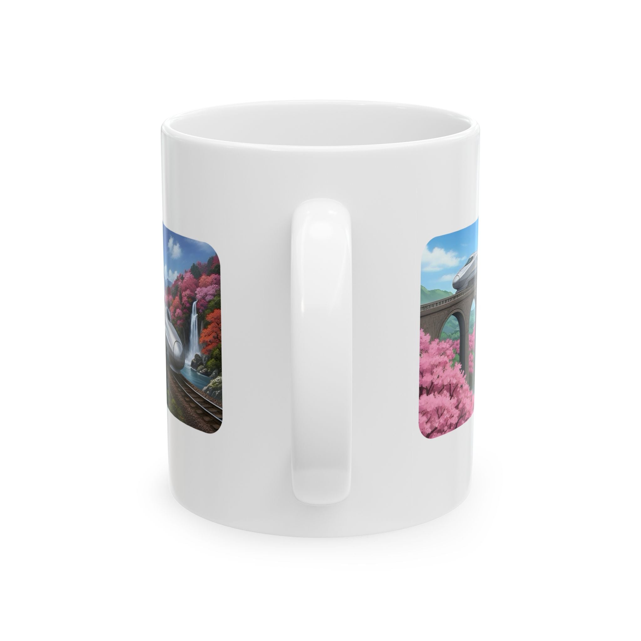 Springtime Cherry Blossom Bullet Train Express White Ceramic Mug, Serene Mountain Viaduct Sakura Railway Cup (11oz/15oz)