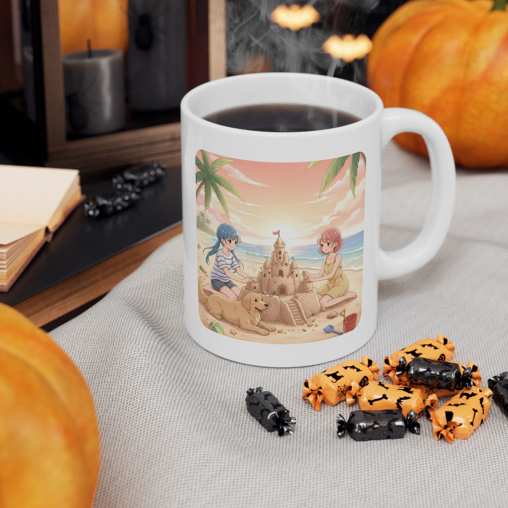 Sisters and BFF Summer Beach Sandcastle White Ceramic Mug — Tropical Manga Ocean Sunset and Golden Retriever Cup (11oz/15oz)
