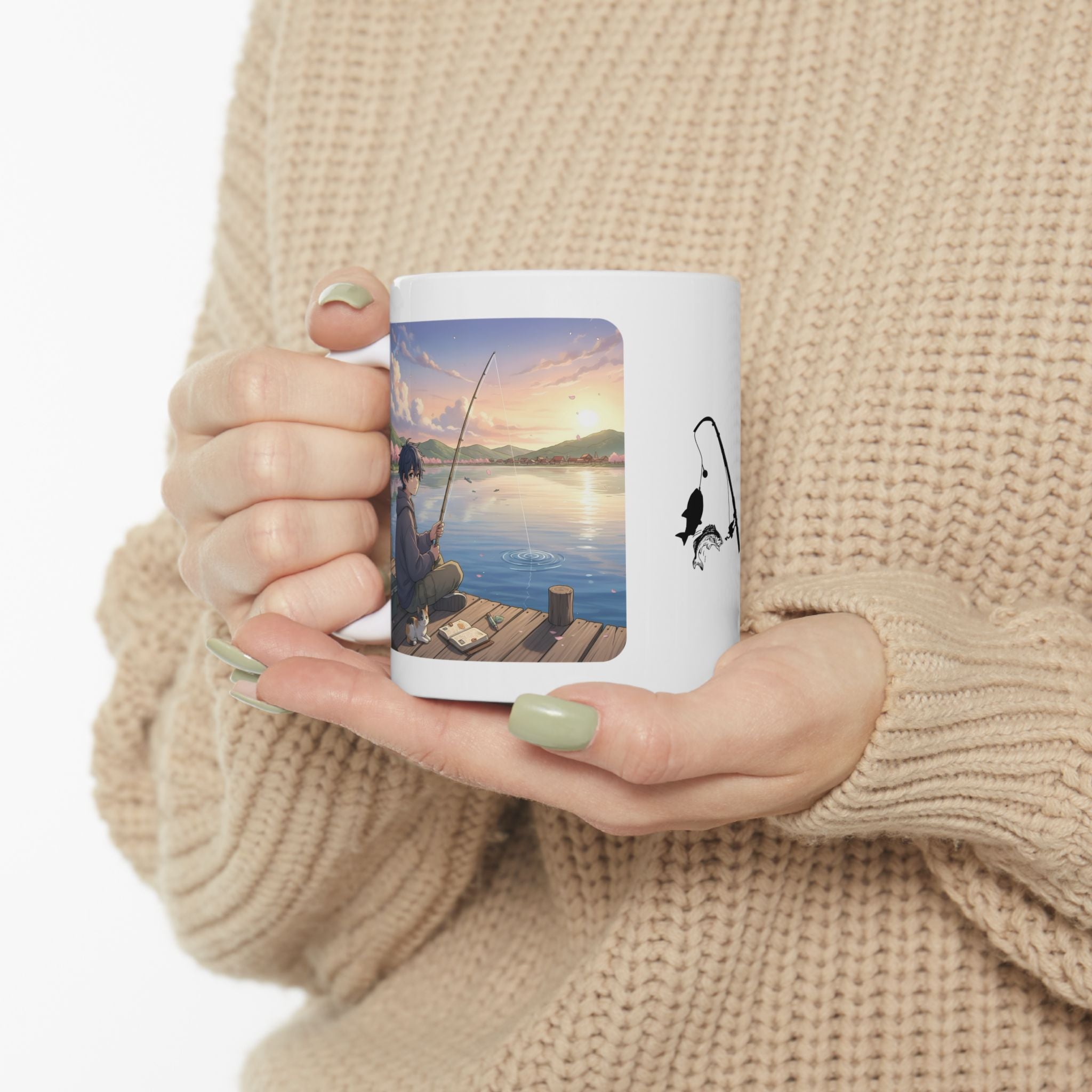 Dock Fishing At Sunset With My Calico Cat White Ceramic Mug — Serene Lake Pier Tea Cup (11oz/15oz)