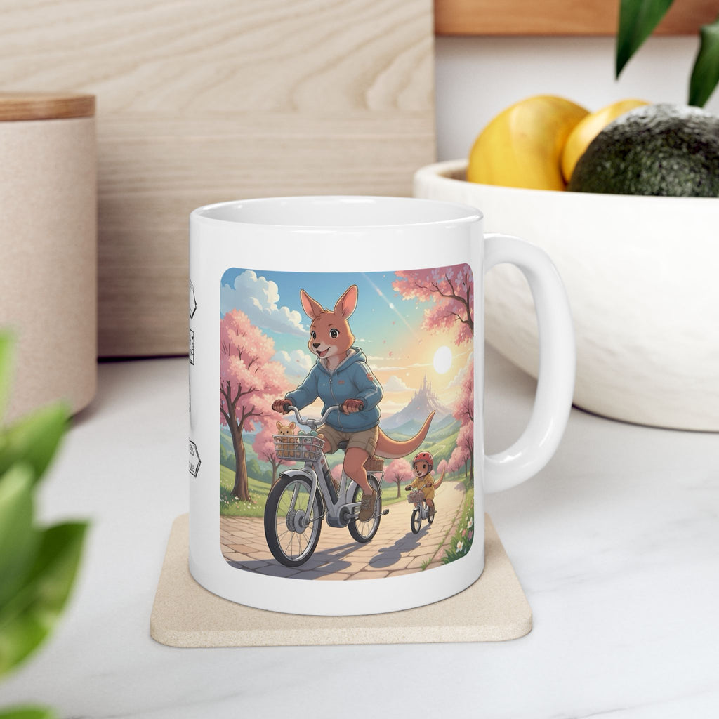 Too Cute to Handle!  Kangaroo Mom & Joey Biking Under Cherry Blossoms White Ceramic Mug — Mommy & Me Anime Bike Adventure Cup for Happy Sips, 11oz & 15oz