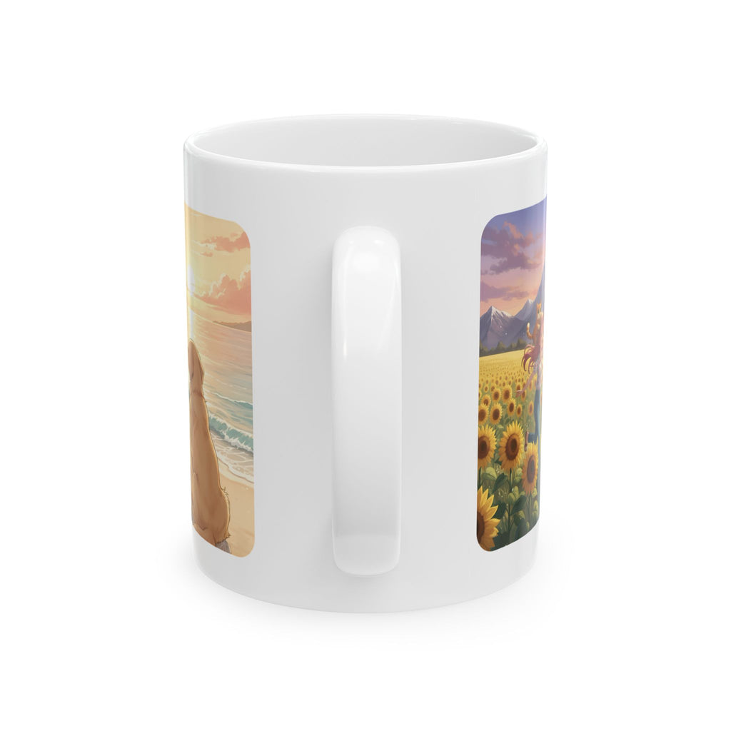 Golden Retriever Dog Tropical Sunset & Sunflower White Ceramic Mug — Orange Cat Boho Beach Vibes Tea Cup (11oz, 15oz)