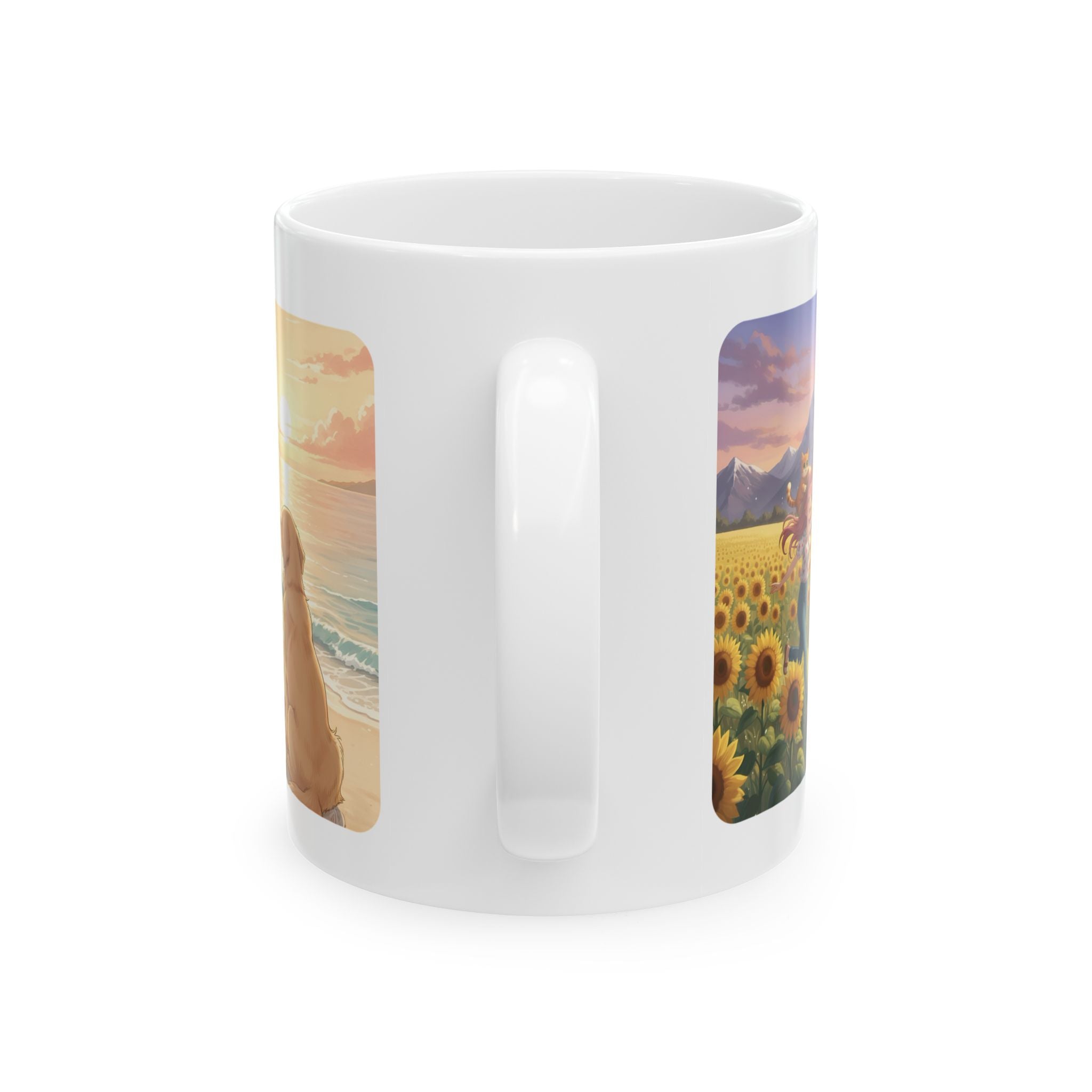 Golden Retriever Dog Tropical Sunset & Sunflower White Ceramic Mug — Orange Cat Boho Beach Vibes Tea Cup (11oz, 15oz)