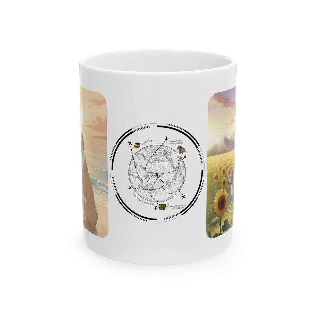 Pitbull Dog Orange Cat Sunset & Sunflower White Ceramic Mug — Peaceful Waves Anime Girl Boho Beach Vibes Cup (11oz, 15oz)