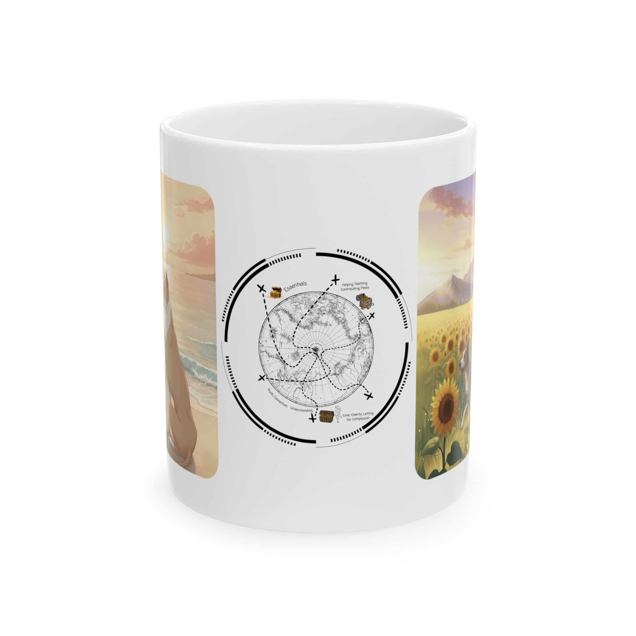 Pitbull Dog Orange Cat Sunset & Sunflower White Ceramic Mug — Peaceful Waves Anime Girl Boho Beach Vibes Cup (11oz, 15oz)