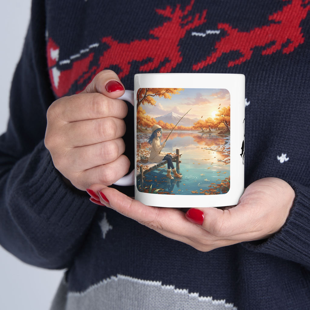 Cozy Anime Girl Joyful Fishing Lake Adventure White Ceramic Mug — Scenic Autumn Aesthetic Mountain Landscape Tea Cup (11oz/15oz)