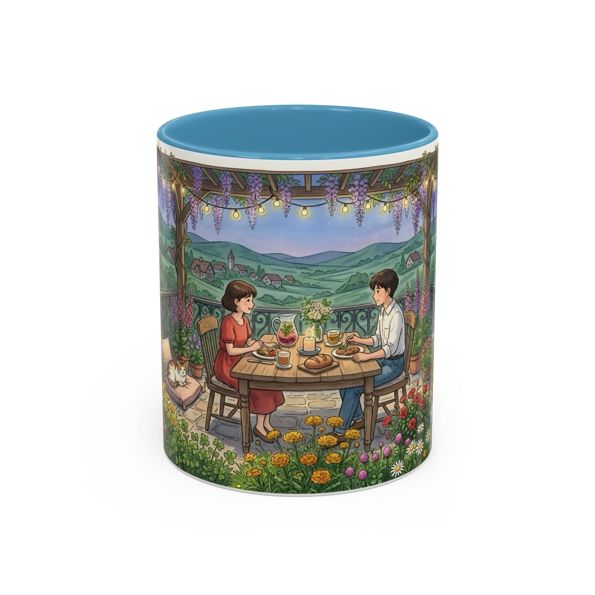 Cozy Romantic Garden Dinner Ceramic Mug — Couples Outdoor Bistro Cup (11 oz, 15 oz)
