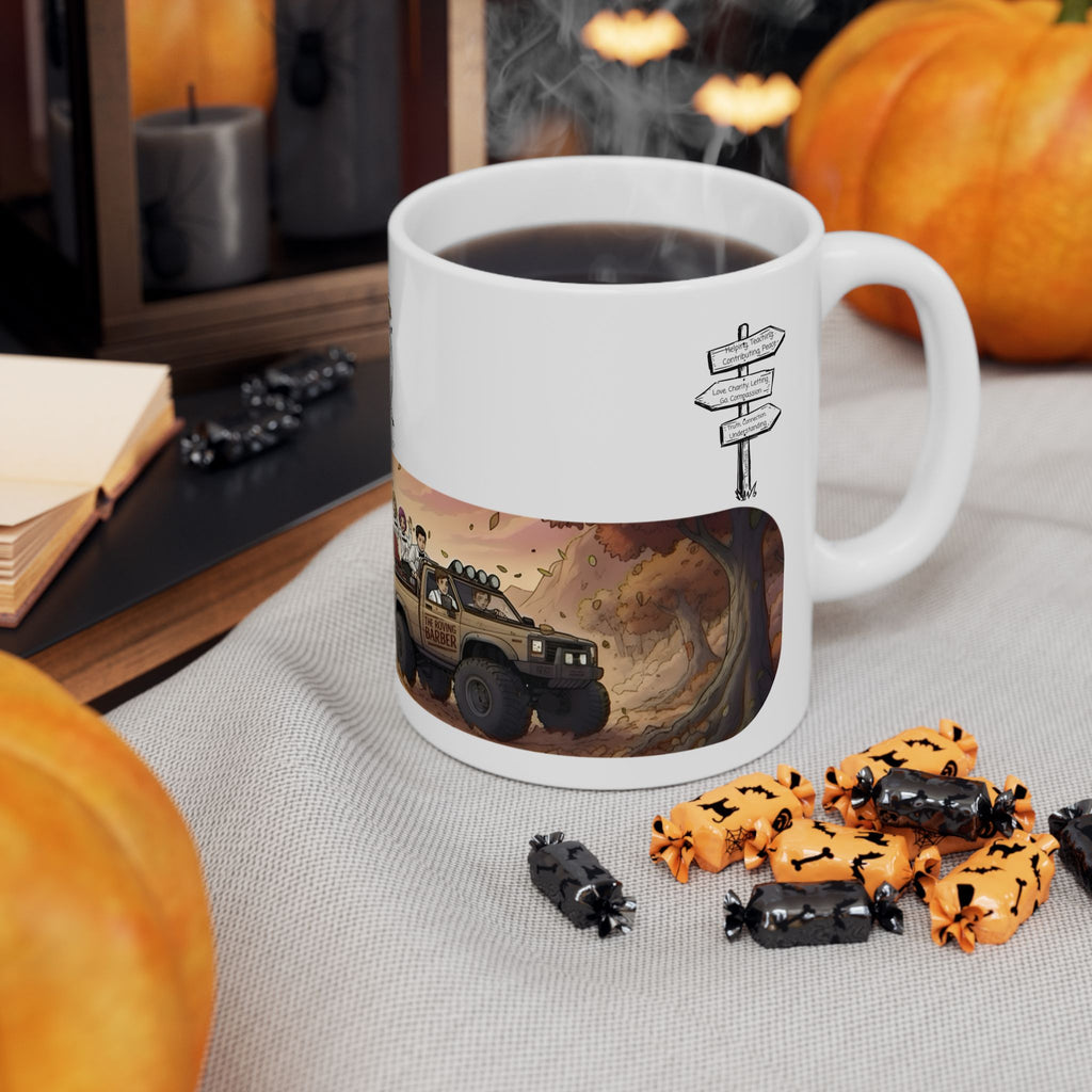 Adventure 4x4 Trucks #4, The Roving Barber White Ceramic Mug — Find Your Path To The Essentials Cup (11oz & 15oz)